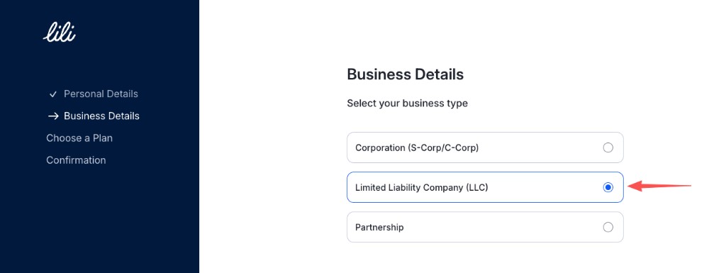 Lili Business Details：业务类型选 Limited Liability Company (LLC)