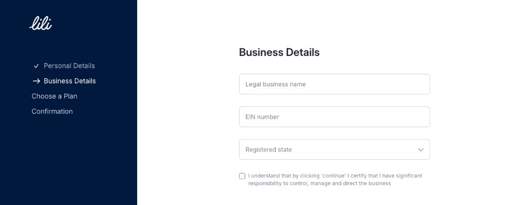 Lili Business Details：公司名、EIN、州与责任确认勾选
